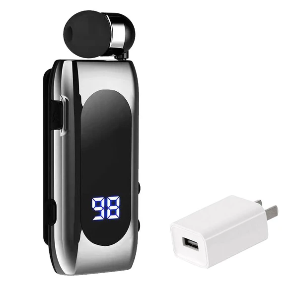 Bluetooth 5.2 Tek Kulaklık - Elektrik Miktarı Ekranlı Hızlı Şarj Gümüş + 3C Sertifikalı Şarj Başlığı