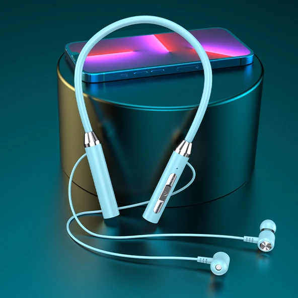 Bluetooth Kulaklık - Boyun Askılıklı Spor - Şeffaf Mavi Renkli Çanta