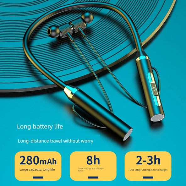 Bluetooth Kulaklık - Boyun Askılıklı Spor - Şeffaf Mavi Renkli Çanta - 4