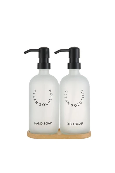 2'li Sablaj Cam Beyaz Sıvı Sabunluk Seti Standlı - 6