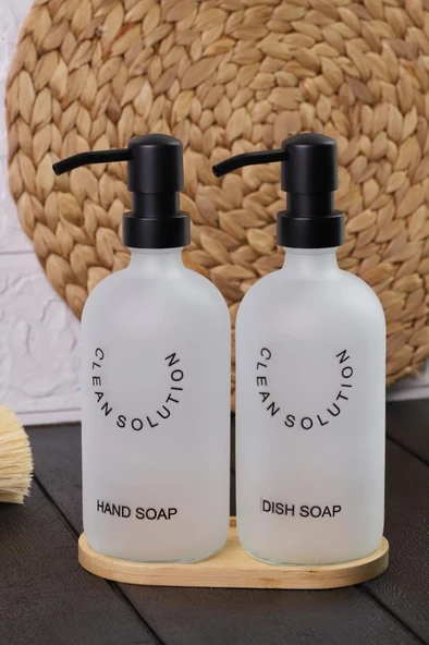 2'li Sablaj Cam Beyaz Sıvı Sabunluk Seti Standlı - 2