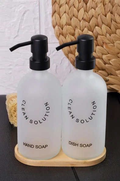 2'li Sablaj Cam Beyaz Sıvı Sabunluk Seti Standlı