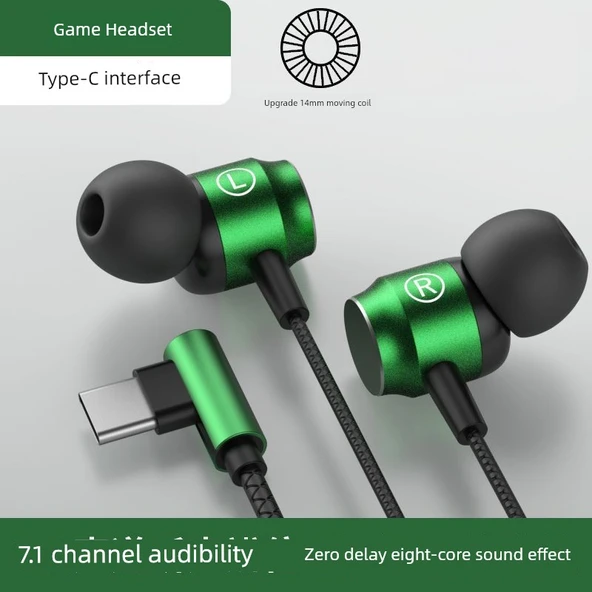 Kulak İçi Dirsekli Kablolu Kulaklık - Yeşil Düz Delik Sekiz Çekirdek HD Surround
