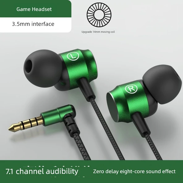 Kulak İçi Dirsekli Kablolu Kulaklık - Yeşil Yuvarlak Delik Sekiz Çekirdek HD Surround