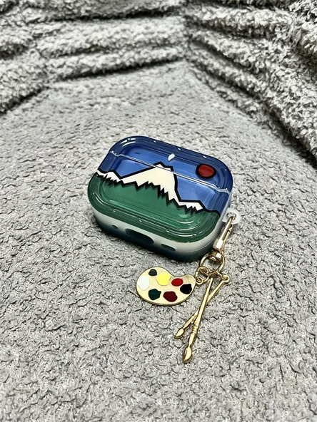 AirPods 3 Uyumlu Şeffaf Fuji Dağı Desenli Kılıf - Metal Palet Kolye