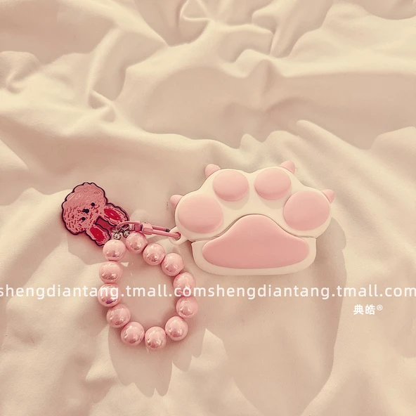 Pembe Kedi Pençesi Silikon AirPods 1/2. Nesil Kılıfı - Tavşan Zincirli