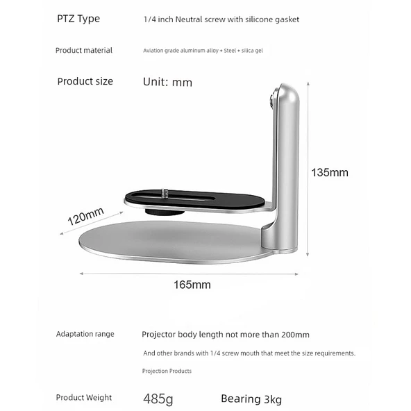 Geniş Masaüstü 360° Dönebilen Metal Projektör Pan Tilt Standı - Gümüş (3kg Taşıma Kapasiteli)