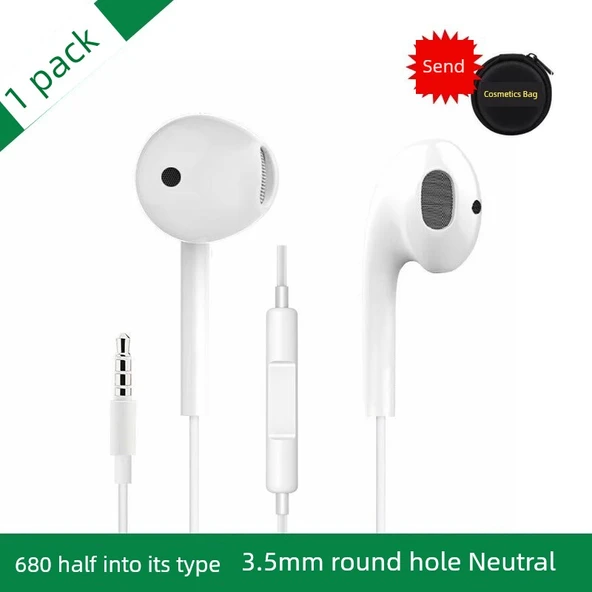 3.5mm Evrensel Kulak İçi Kulaklık - 680 Yarım Kulak Basit Model - 3.5mm Yuvarlak Delikli + Makyaj Çantalı