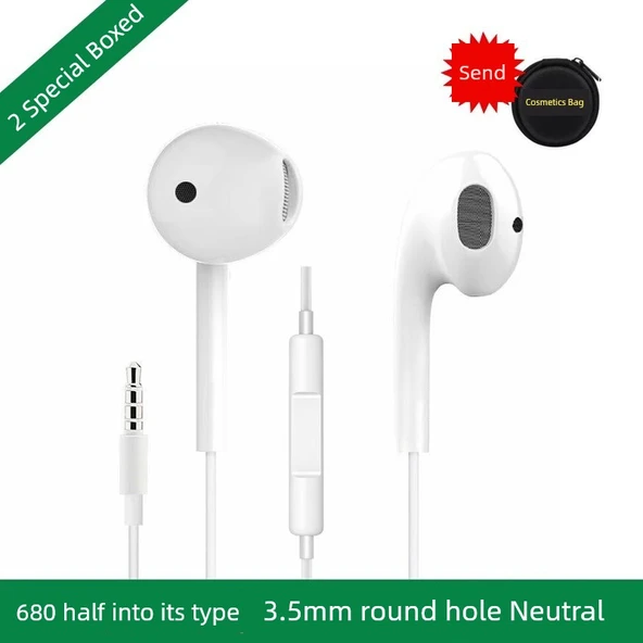 3.5mm Evrensel Kulak İçi Kulaklık - 680 Yarım Kulak İki Kutu - 3.5mm Yuvarlak Delikli + Makyaj Çantalı