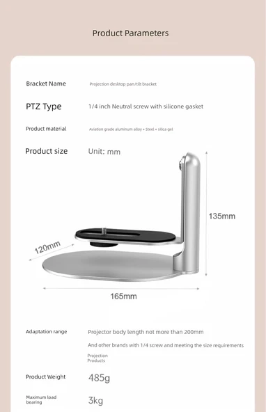 Geniş Masaüstü 360° Dönebilen Metal Projektör Pan Tilt Standı - Gümüş (3kg Taşıma Kapasiteli) - 10
