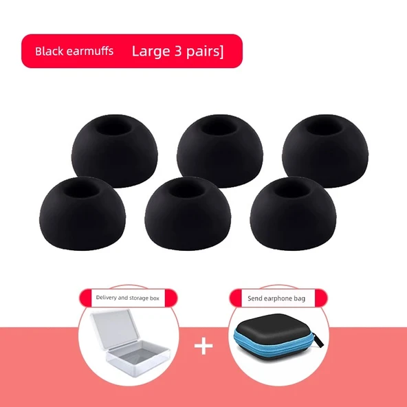 Bluetooth Kulaklık Silikon Koruyucu Kılıf - Siyah - Büyük Boy 3 Çift - Kutulu ve Çantalı