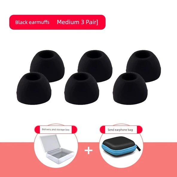 Bluetooth Kulaklık Silikon Koruyucu Kılıf - Siyah - Orta Boy 3 Çift - Kutulu ve Çantalı