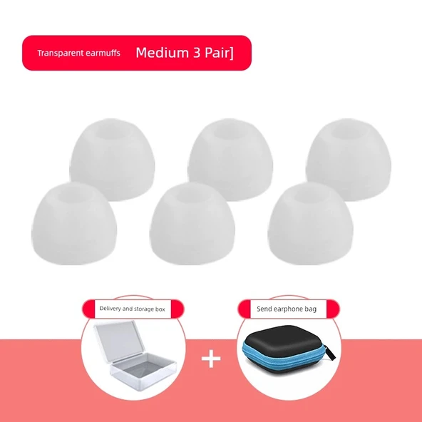 Bluetooth Kulaklık Silikon Koruyucu Kılıf - Şeffaf - Orta Boy 3 Çift - Kutulu ve Çantalı