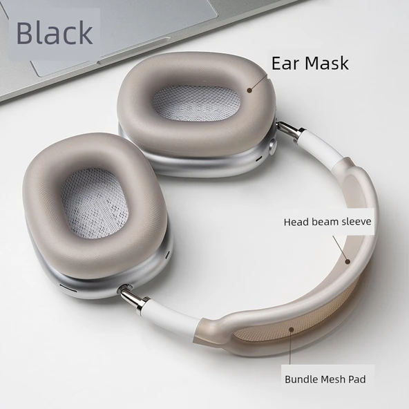 AirPods Max Kılıf - Buz Şeffaf Siyah Kafa Bandı, File Ped ve Kulaklık Maskesi