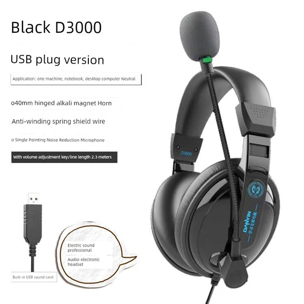 Profesyonel USB Siyah Kulaklık - Elektrik Tonu D3000