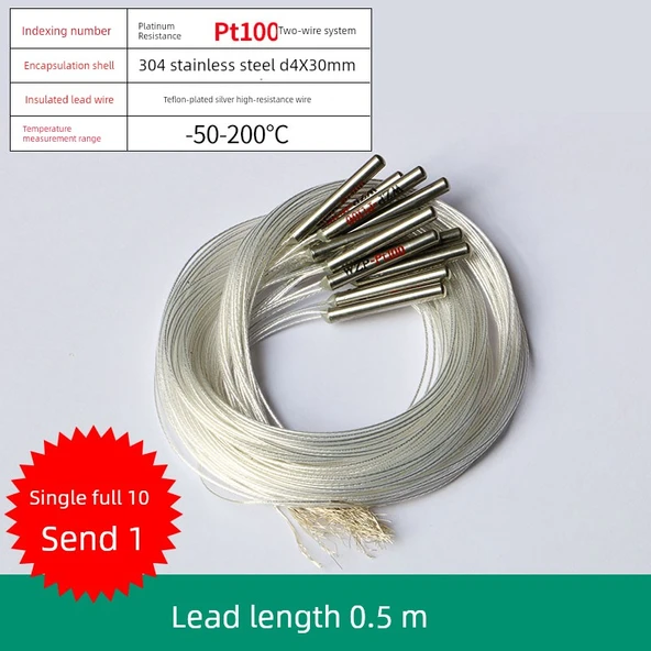 Pt100 Sıcaklık Sensörü - Paslanmaz Çelik, PTFE Yalıtımlı, 0.5 Metre