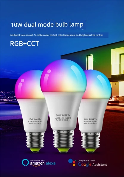 E27 9W Akıllı LED Ampul - WiFi, Bluetooth, Ses Kontrolü, Uzaktan Kumandalı - 110V - 6