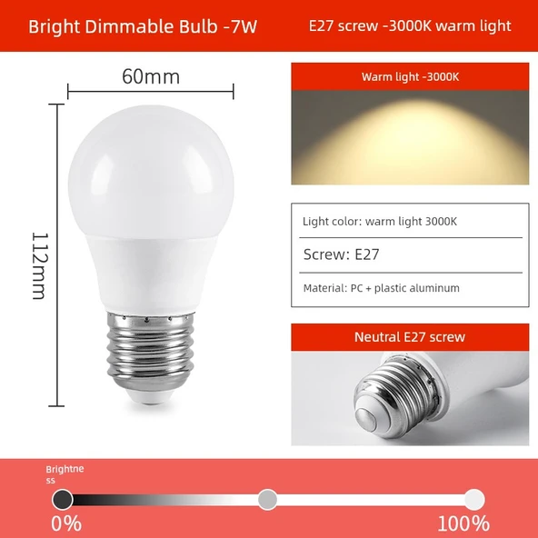 E27 7W Dimlenebilir LED Ampul - 220V - Gün Işığı