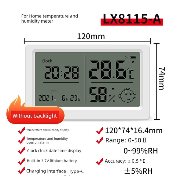 Dijital Akıllı Sıcaklık Nem Ölçer - LX8115-A Şarjlı Model