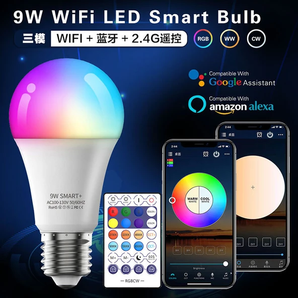 E27 9W Akıllı LED Ampul - WiFi, Bluetooth, Ses Kontrolü, Uzaktan Kumandalı - 110V