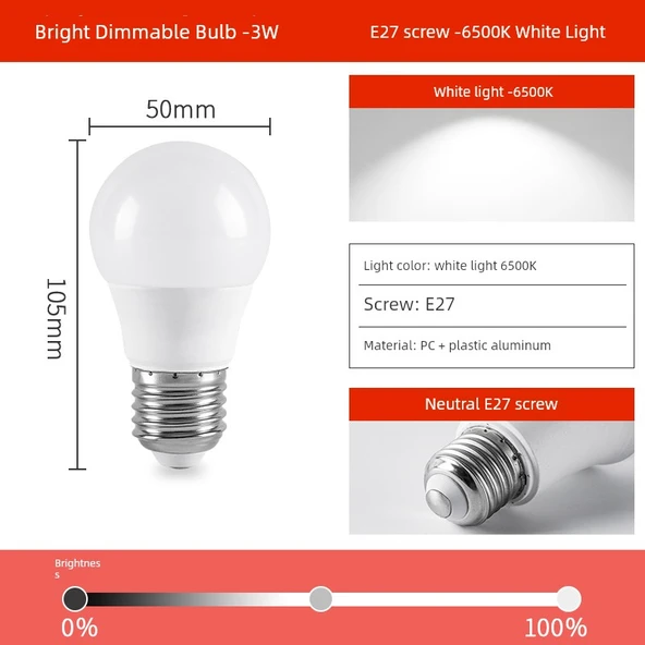E27 3W Dimlenebilir LED Ampul - 220V - Beyaz Işık