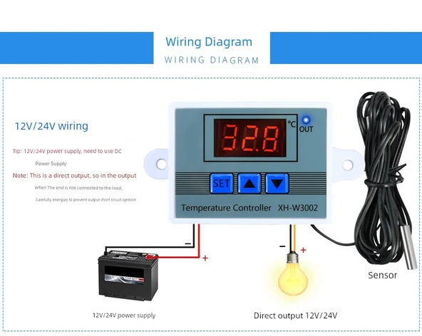 Dijital Termostat Kontrol Cihazı XH-W3002 - 24V/240W - Yüksek Kalite, Elektrik Kesintisi Korumalı - 7