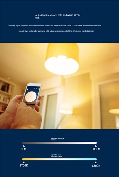 E27 9W Akıllı LED Ampul - WiFi, Bluetooth, Ses Kontrolü, Uzaktan Kumandalı - 110V - 9