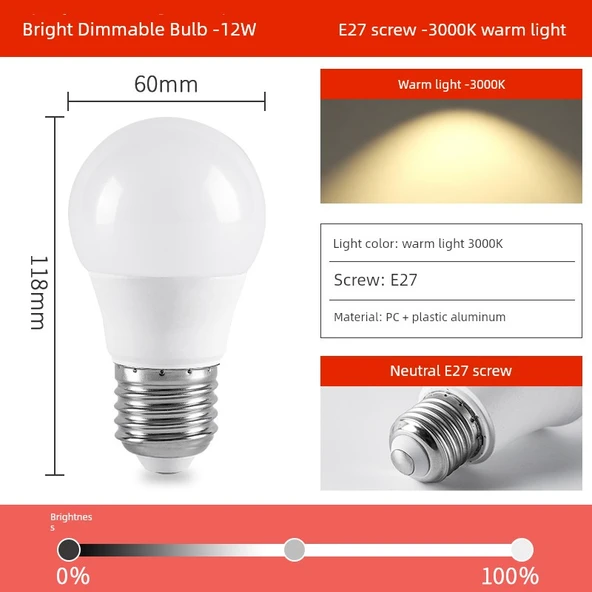 E27 12W Dimlenebilir LED Ampul - 220V - Gün Işığı