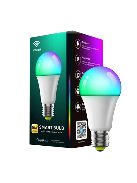 E27 9W Akıllı LED Ampul - WiFi, Bluetooth, Ses Kontrolü, Uzaktan Kumandalı - 110V - 5