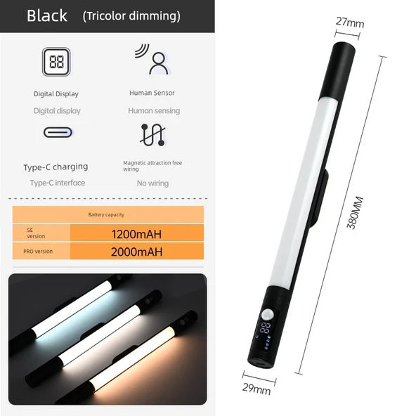 Akıllı LED Kızılötesi Sensörlü Lamba - Siyah (Üç Renk Kısılabilir), 1200mAh
