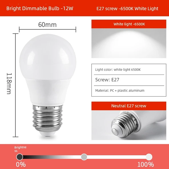 E27 12W Dimlenebilir LED Ampul - 220V - Beyaz Işık