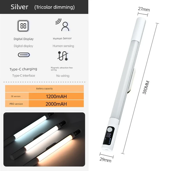 Akıllı LED Kızılötesi Sensörlü Lamba - Gümüş (Üç Renk Kısılabilir), 2000mAh