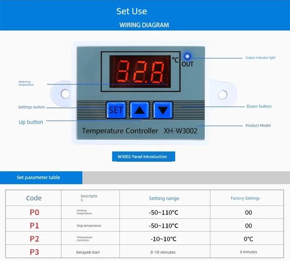 Dijital Termostat Kontrol Cihazı XH-W3002 - 24V/240W - Yüksek Kalite, Elektrik Kesintisi Korumalı - 8