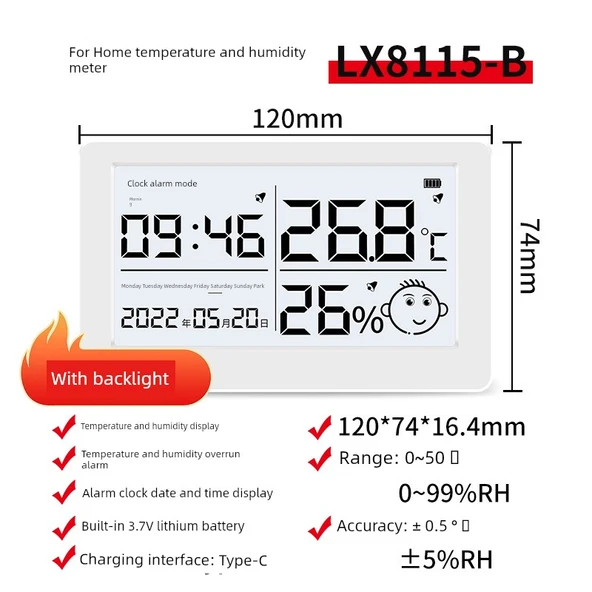 Dijital Akıllı Sıcaklık Nem Ölçer - LX8115-B Şarjlı Model