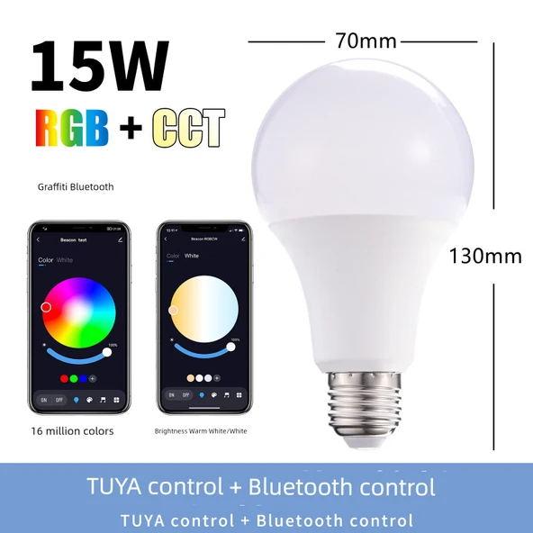 Akıllı RGB Ampul - Renkli ve Sıcak Beyaz - 15W Bluetooth A70 (220V)