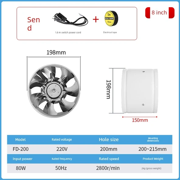 Yuvarlak Boru Tipi Aspiratör - Silindir Kesit 8 inç 200mm - Beyaz
