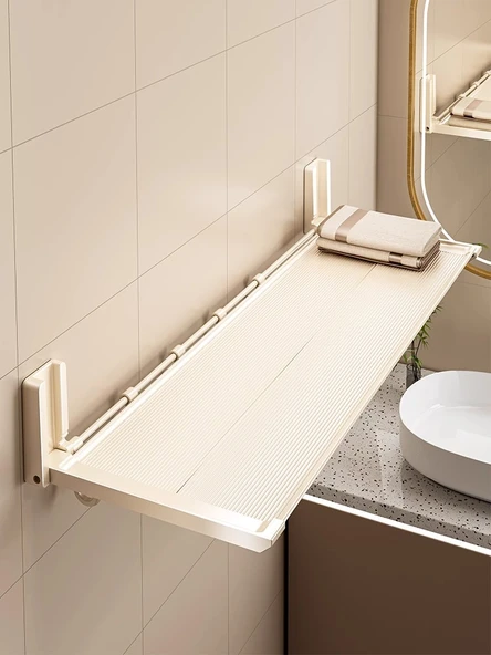 Katlanabilir Banyo Rafı - Duvara Monte - Füme - 39cm - Kancalı - Delmesiz - Resim 2
