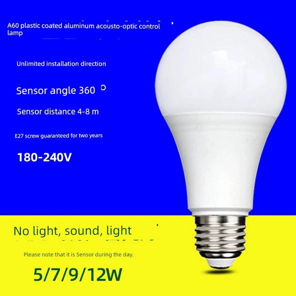 E27 LED Plastik Kaplı Alüminyum Akusto-Optik Kontrollü Ampul 12W - Beyaz (Tip 3)