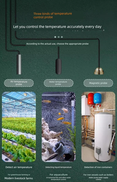 Dijital Ekranlı Sıcaklık Kontrol Cihazı - 16A Geniş Fiş - Su Sıcaklık Probu 2m - 8