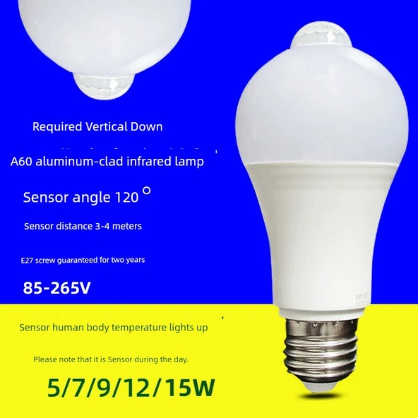 E27 LED Plastik Kaplı Alüminyum Kızılötesi Sensörlü Ampul 5W - Beyaz (Tip 1)
