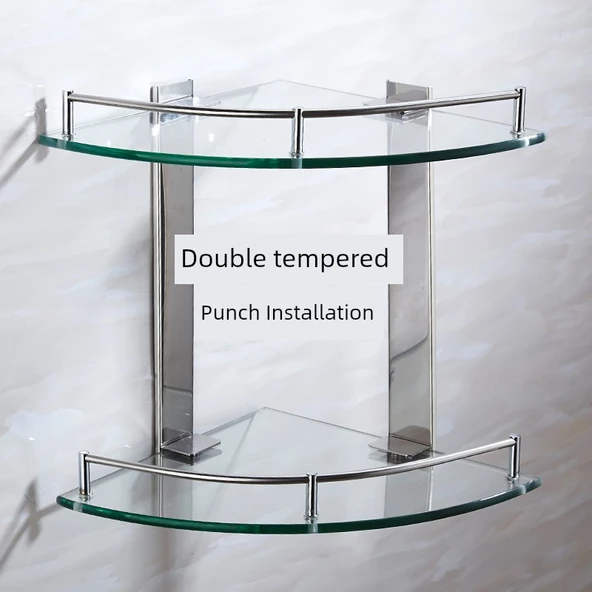 Cam Köşe Rafı - Çift Katlı - Temperli 23.5cm - Delikli Montaj