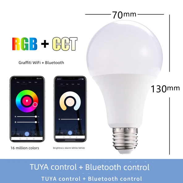 Akıllı RGB Ampul - Renkli ve Sıcak Beyaz - 15W WiFi Dual-Mode A70 (220V)