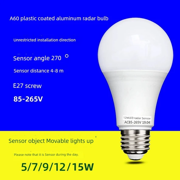 E27 LED Plastik Kaplı Alüminyum Radar Sensörlü Ampul 5W - Beyaz (Tip 4)