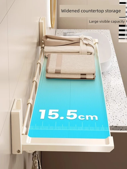 Katlanabilir Banyo Rafı - Duvara Monte - Füme - 39cm - Kancalı - Delmesiz - Resim 3