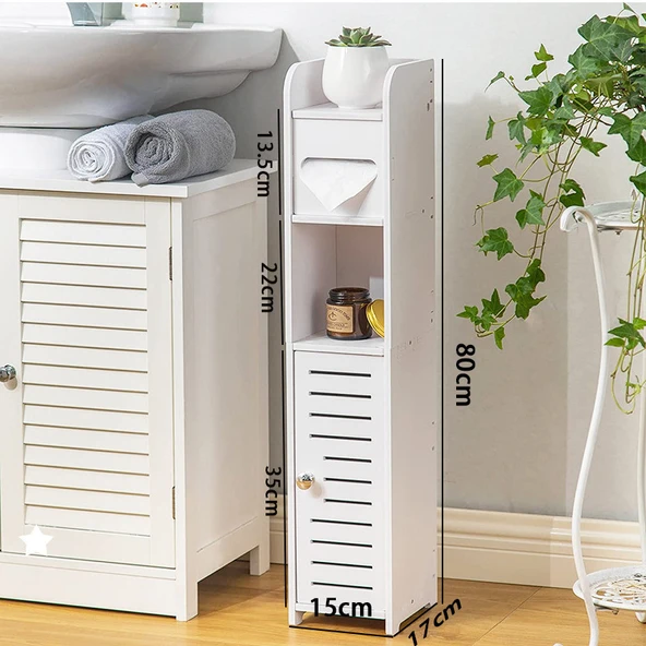 Banyo Tuvalet Dar Saklama Rafı - Tek Kapaklı Yama Desenli 80x15x17