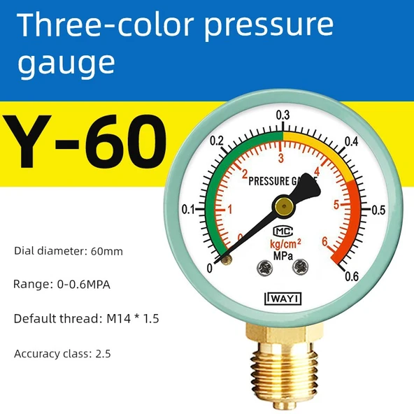 Y60 Basınç Ölçer - 0-0.6Mpa - M14 1.5 Diş - Üç Renkli