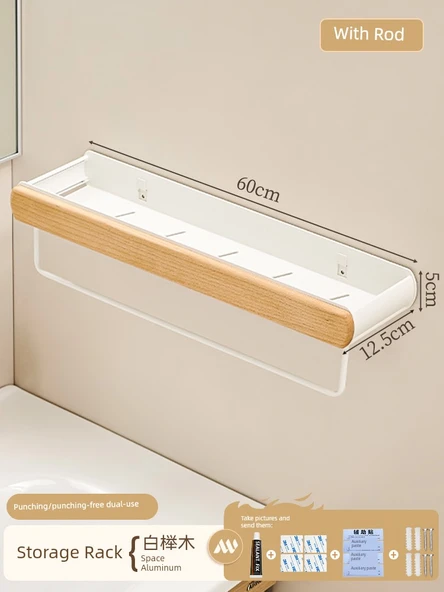 Kayın Banyo Duvar Rafı - Sökülebilir Yıkanabilir 60cm - Havluluklu