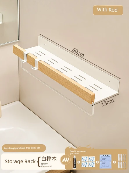 Kayın Banyo Duvar Rafı - Sökülemeyen Genişletilmiş 50cm - Havluluklu ve İki Kancalı