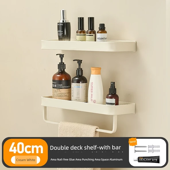 Alüminyum Banyo Rafı - Krem Beyazı - Çift Katlı - Gelişmiş Model - Çubuklu - 40cm