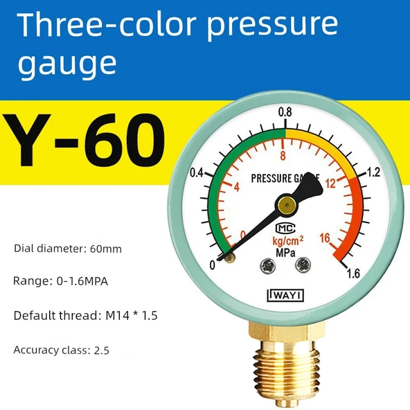 Y60 Basınç Ölçer - 0-1.6Mpa - M14 1.5 Diş - Üç Renkli